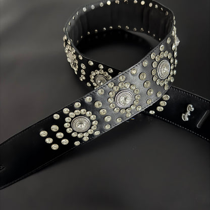 Black Leather Guitar Strap – Paul Stanley Style with Sparkling Crystal Stones - GBS