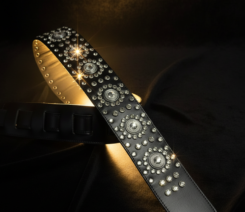 Black Leather Guitar Strap – Paul Stanley Style with Sparkling Crystal Stones - GBS