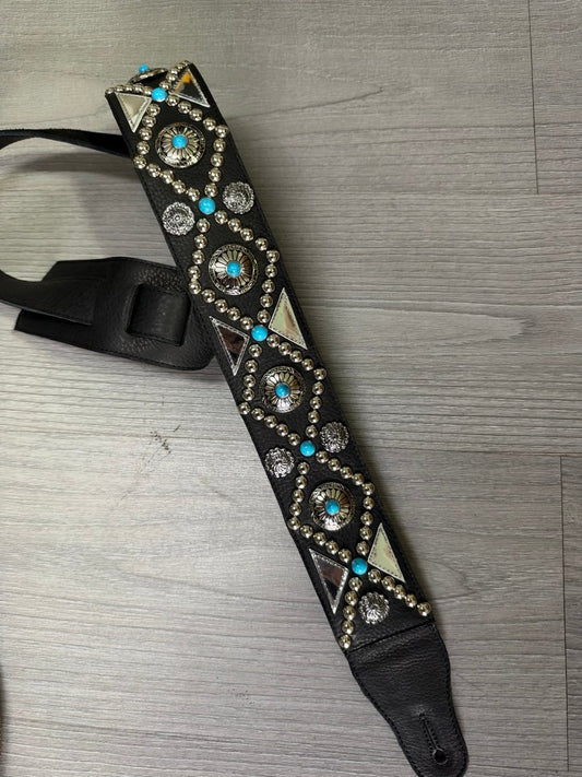 Turquoise Trail – Handmade Black Leather Guitar Strap with Turquoise Stones & Silver Conchos - GBS